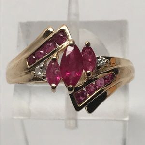 14K Yellow Gold Marquise and Round Shape Ruby and Diamond Accent Ring Size 6.5